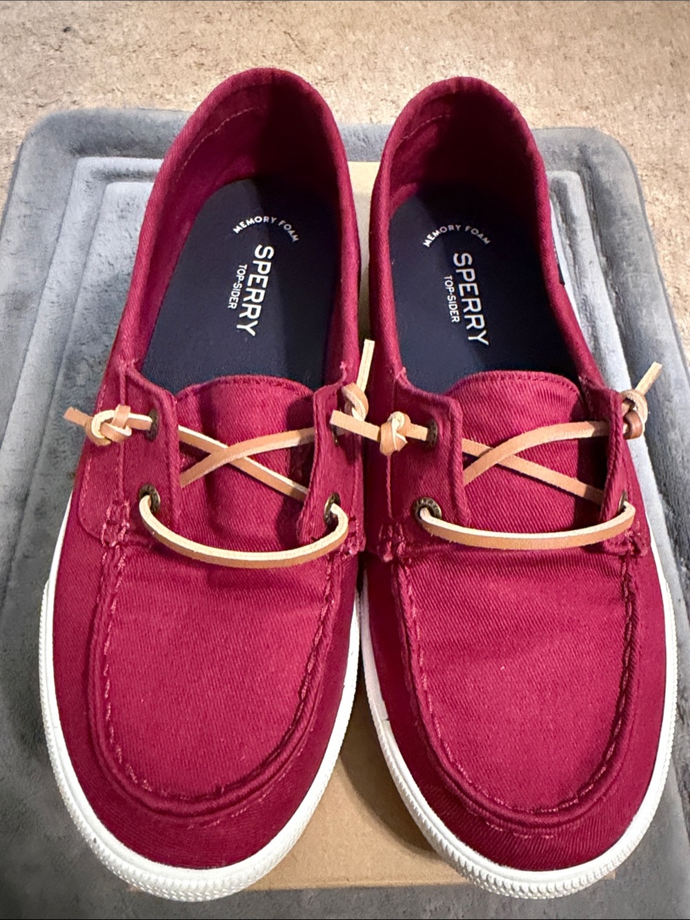 Sperry Women's Burgundy Canvas Boat Shoes with Tan Laces